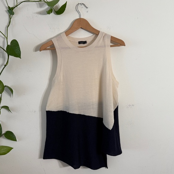 Joseph Tops - Joseph Asymetrical Wool Blend Color Block Cream and Black Sleeveless Sweater